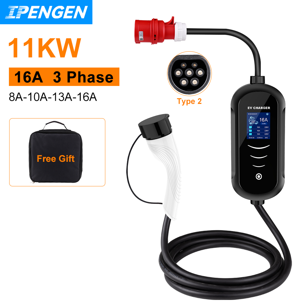 Portable Ev Charger 32A Type 2 Cee Plug - IPENGEN 11KW 16A 3 Phase EV
