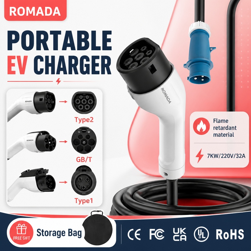 7KW ROMADA Electric Vehicle Po - огляд і ціна Portable Ev Charger 32A Type 2 Cee Plug